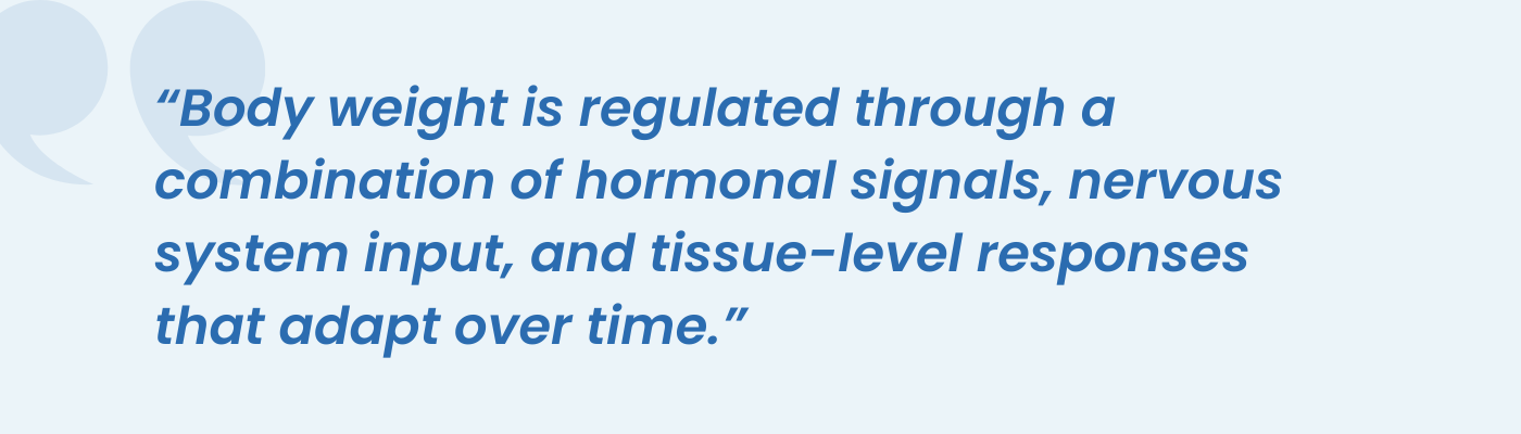 Quote explaining body weight is regulated by hormonal, nervous system, and tissue responses