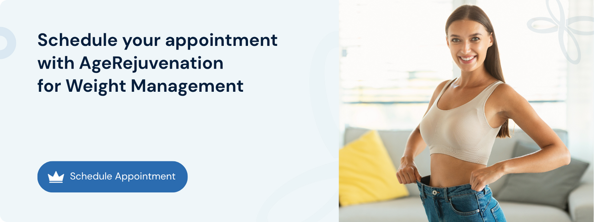 AgeRejuvenation banner to schedule a weight management appointment with smiling woman