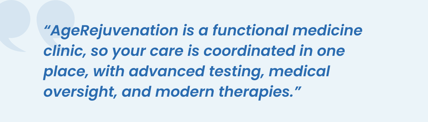 Pull quote noting AgeRejuvenation coordinates functional medicine care in one place