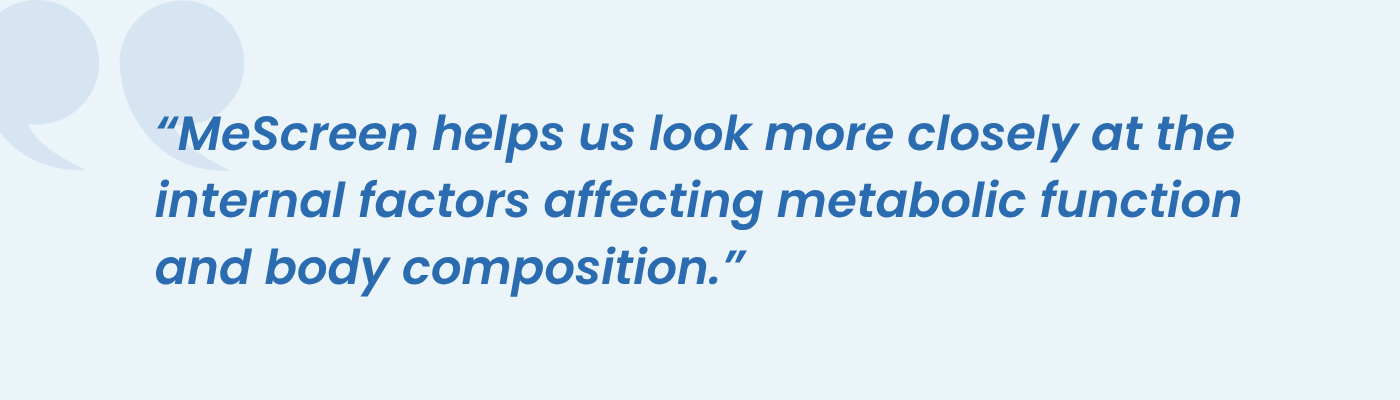 Pull quote describing how MeScreen testing reveals factors affecting metabolic function