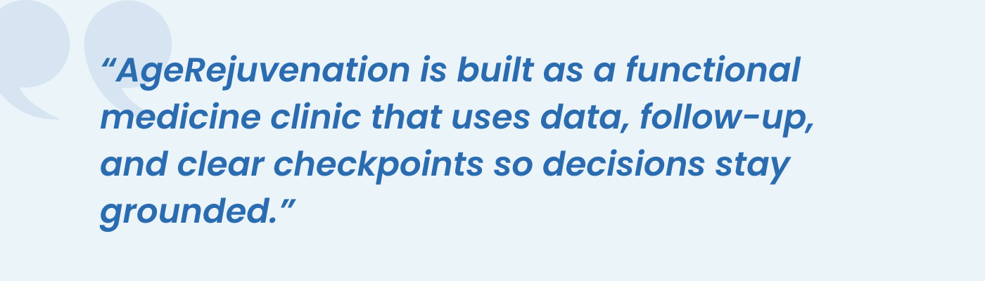 Pull quote noting AgeRejuvenation uses data and follow-up to keep decisions grounded