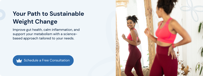 Smiling woman jogging indoors illustrating sustainable weight change and gut health