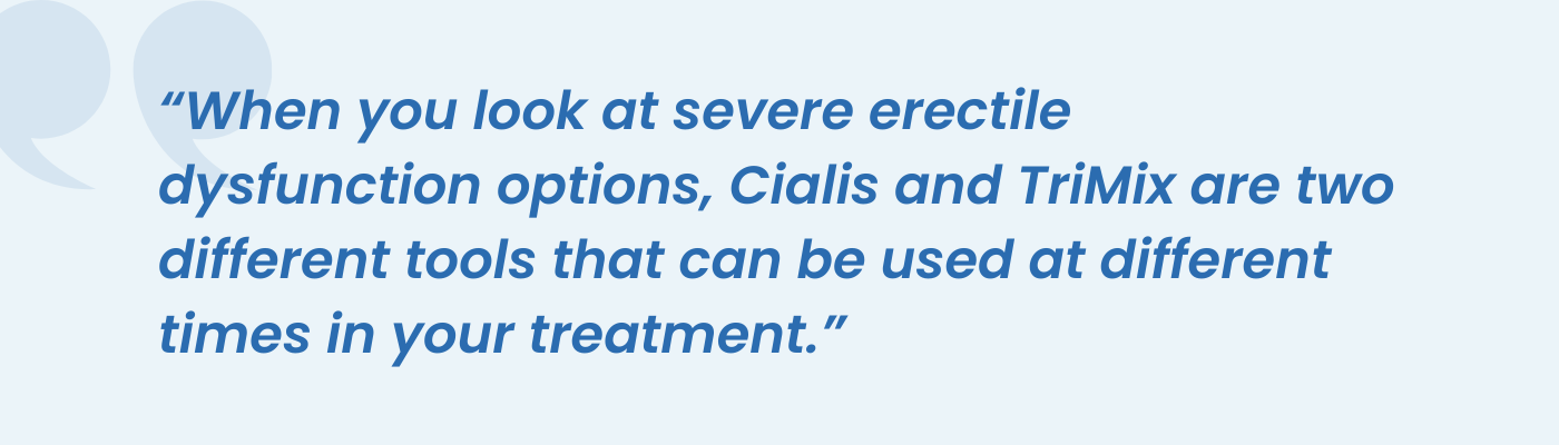 Quote comparing Cialis and TriMix as different tools for treating severe ED