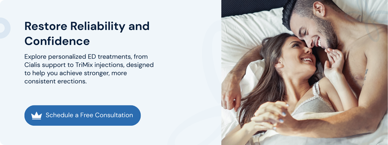 Affectionate couple in bed promoting personalized ED treatments from Cialis to TriMix