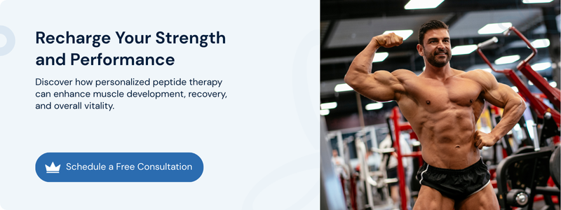 Flexing athletic man banner promoting personalized peptide therapy consultation for strength and vitality