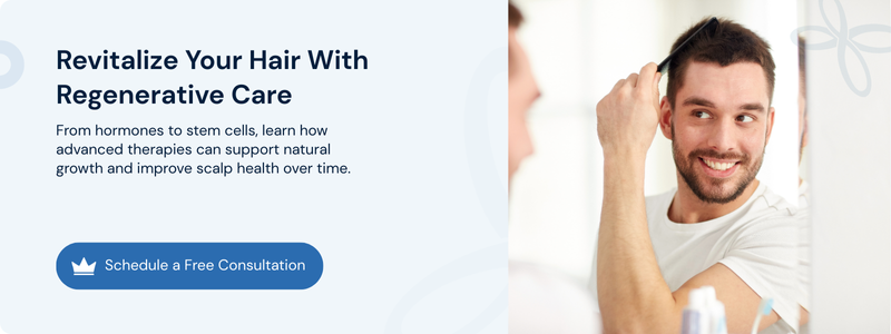 Man styling his hair banner promoting regenerative hair restoration consultation