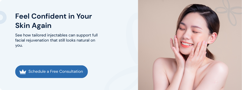 Smiling woman touching her face beside a facial rejuvenation consultation call to action