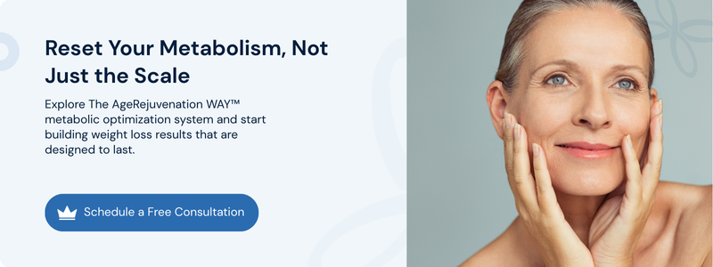 Confident mature woman touching her face beside a metabolism reset consultation call to action