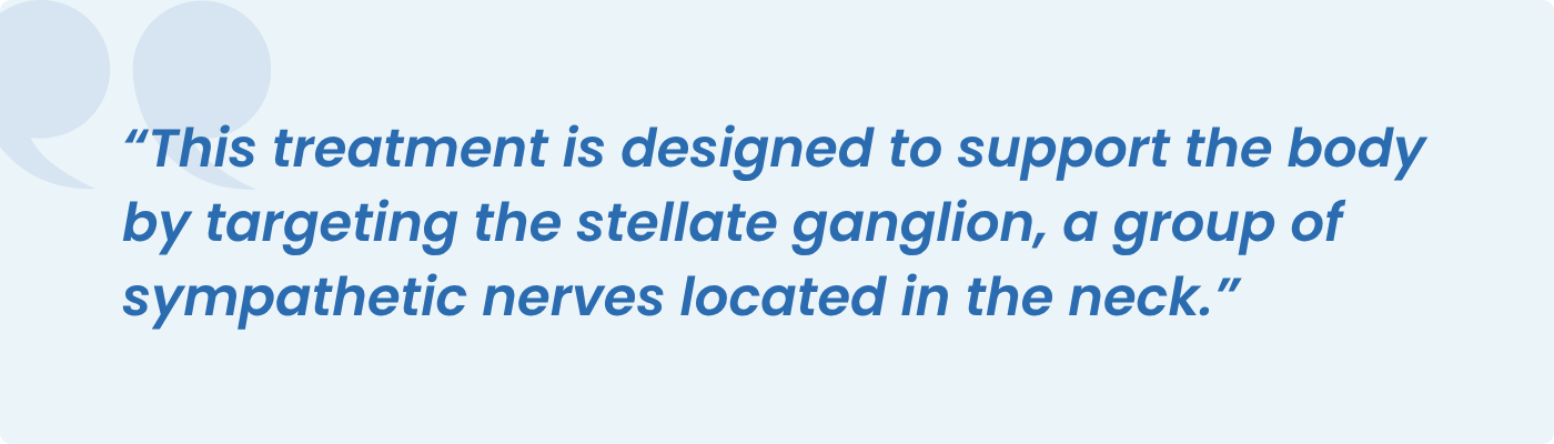 Quote explaining stellate ganglion block targets sympathetic nerves in the neck