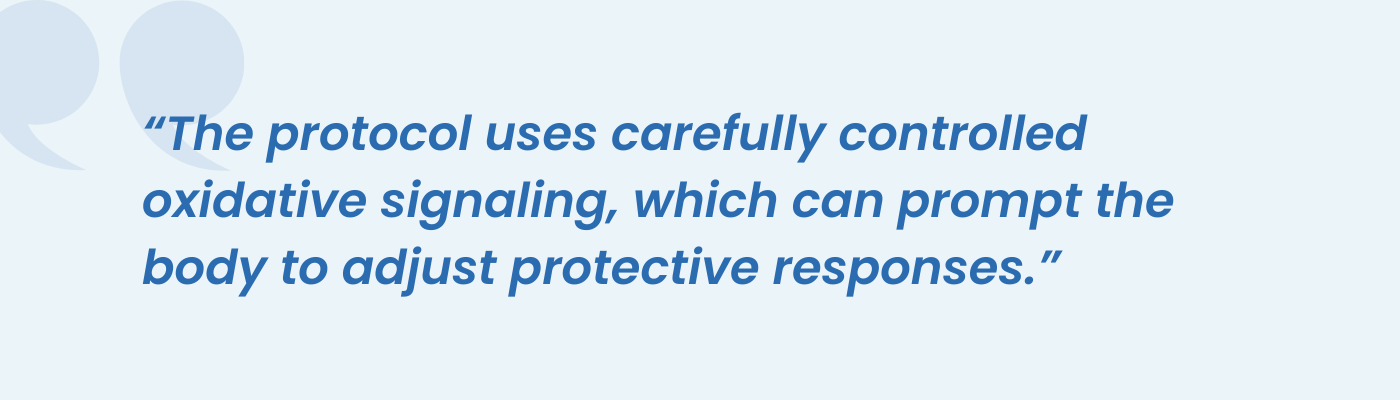 Quote explaining EBOO uses controlled oxidative signaling to prompt protective responses