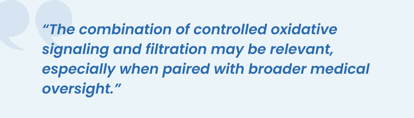 Pull quote on controlled oxidative signaling and filtration paired with medical oversight