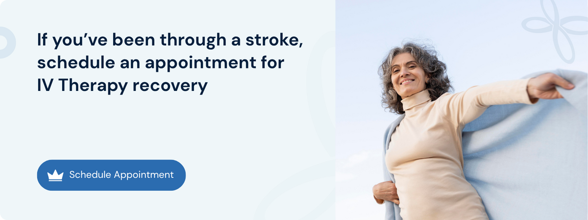 Smiling woman outdoors with prompt to schedule IV therapy stroke recovery appointment