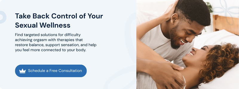 Affectionate couple beside an invitation to schedule a sexual wellness consultation