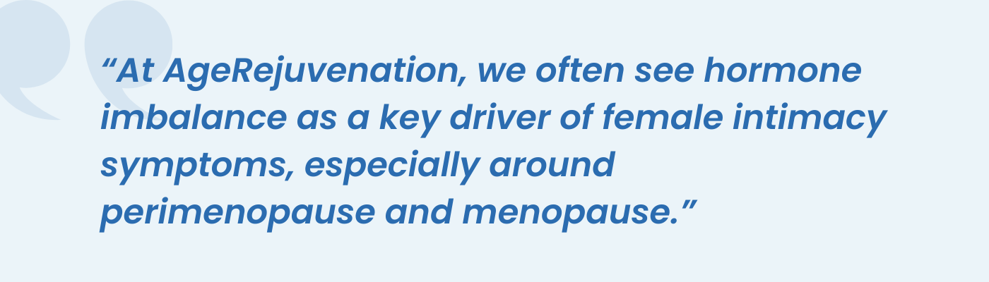 AgeRejuvenation quote linking hormone imbalance to female intimacy symptoms in menopause