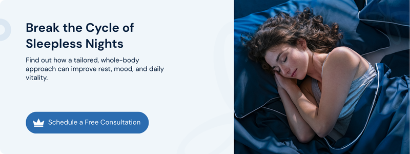 Sleeping woman banner promoting a whole-body regenerative medicine consultation for better rest