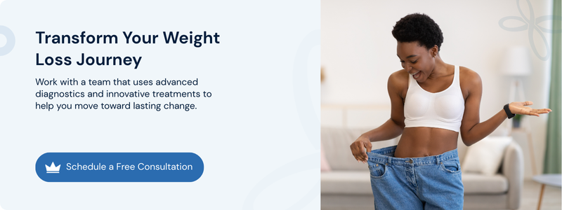 Woman in oversized jeans banner promoting a weight loss transformation consultation