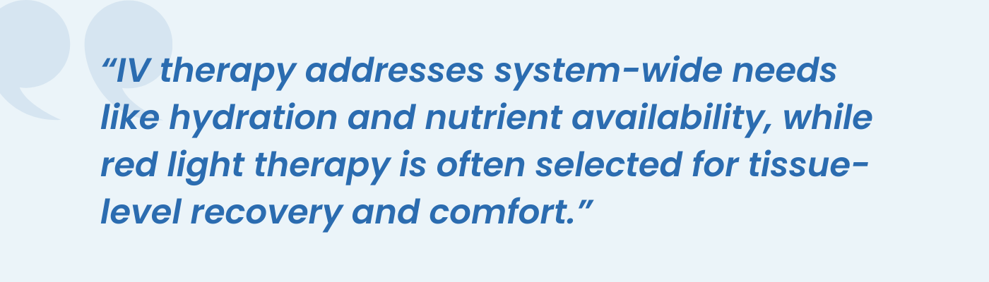 Pull quote on IV therapy hydration and red light therapy for tissue-level recovery
