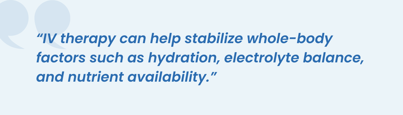 Pull quote noting IV therapy stabilizes hydration, electrolytes, and nutrient availability