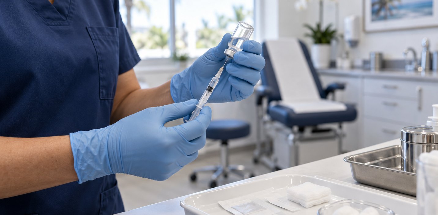 A provider in navy scrubs and blue gloves draws an injection from a small vial in a clean clinic treatment room