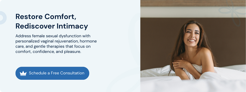 Smiling woman in bed promoting vaginal rejuvenation and hormone care for female intimacy