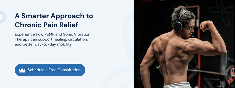 Muscular man flexing beside a call to action for PEMF and Sonix vibration chronic pain relief