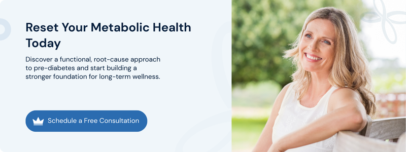 Smiling middle-aged woman outdoors beside a reset your metabolic health consultation banner
