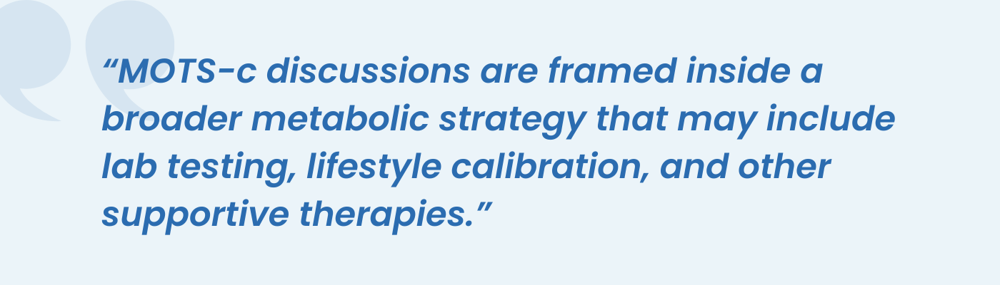 Quote framing MOTS-c within a broader metabolic strategy of lab testing and lifestyle