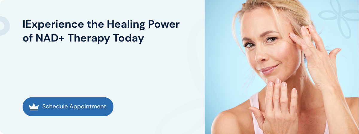 Healthy mature woman touching her face beside NAD+ therapy appointment banner