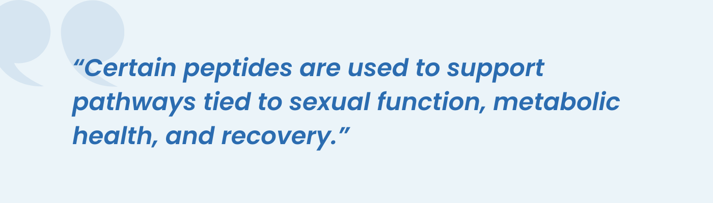 Quote graphic on peptides supporting sexual function, metabolic health, and recovery