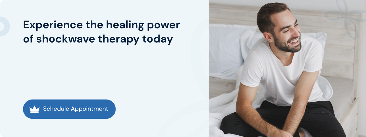Smiling man on a bed promoting shockwave therapy for Peyronie's disease