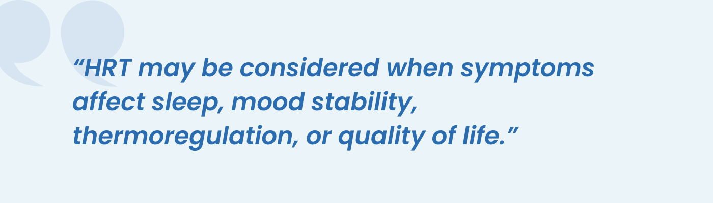 Pull quote on HRT helping menopause symptoms affecting sleep, mood, and quality of life