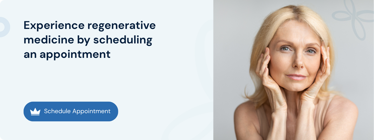 Mature woman with radiant skin beside a prompt to schedule regenerative medicine appointment