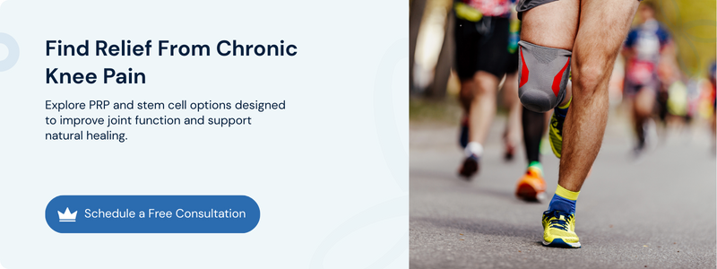 Find relief from chronic knee pain banner with runners and PRP consultation button