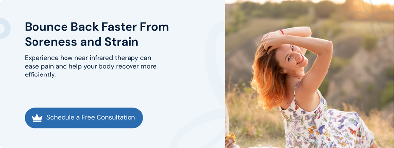 Bounce back from soreness banner with smiling woman outdoors and consultation button