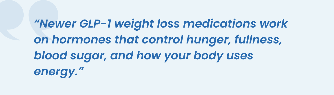 Quote explaining how GLP-1 weight loss medications control hunger, fullness, and blood sugar