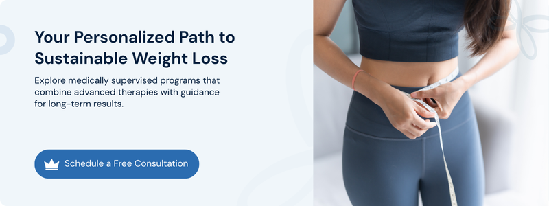 Banner for sustainable weight loss with woman measuring her waist with a tape