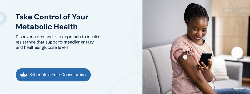 Metabolic health banner with woman wearing a glucose monitor checking her phone