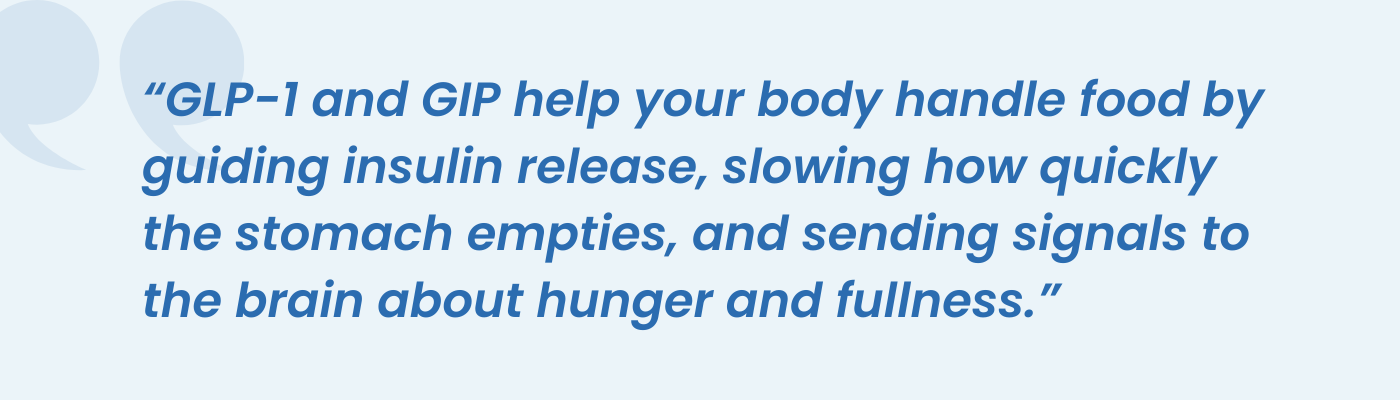 Pull quote explaining how GLP-1 and GIP guide insulin release and curb hunger for weight loss