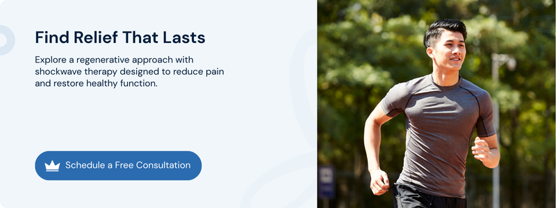 Active man running outdoors after shockwave therapy that restores healthy pain-free function