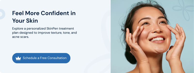 Woman touching glowing healthy skin after a personalized SkinPen microneedling treatment plan