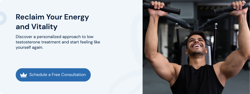 Smiling man lifting weights in a gym beside a low testosterone treatment consultation banner