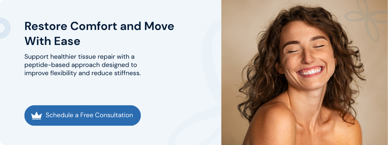 Smiling woman with bare shoulders beside a TB-500 tissue repair consultation call to action