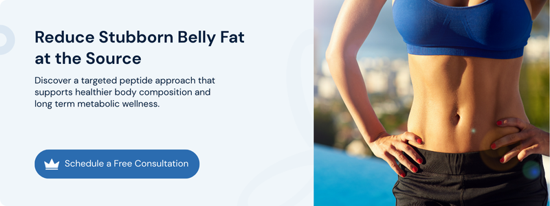 Toned woman's midsection beside a tesamorelin belly fat reduction consultation banner