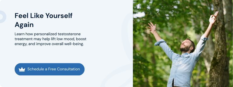 Joyful man with arms raised outdoors after personalized testosterone therapy boosts mood and energy