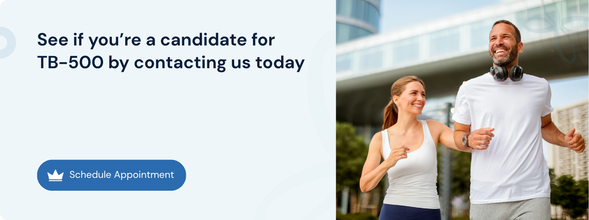 Banner asking readers to see if they are a TB-500 candidate, with active couple jogging