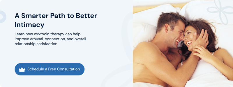 Banner on oxytocin therapy for better intimacy, with affectionate couple lying in bed