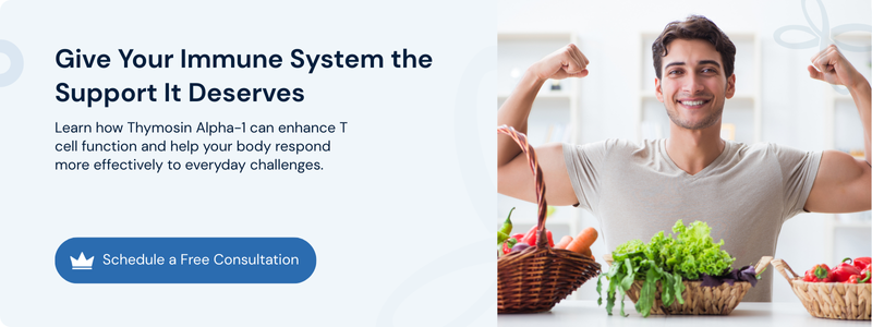 Smiling man flexing beside fresh produce promoting Thymosin Alpha-1 immune support consultation
