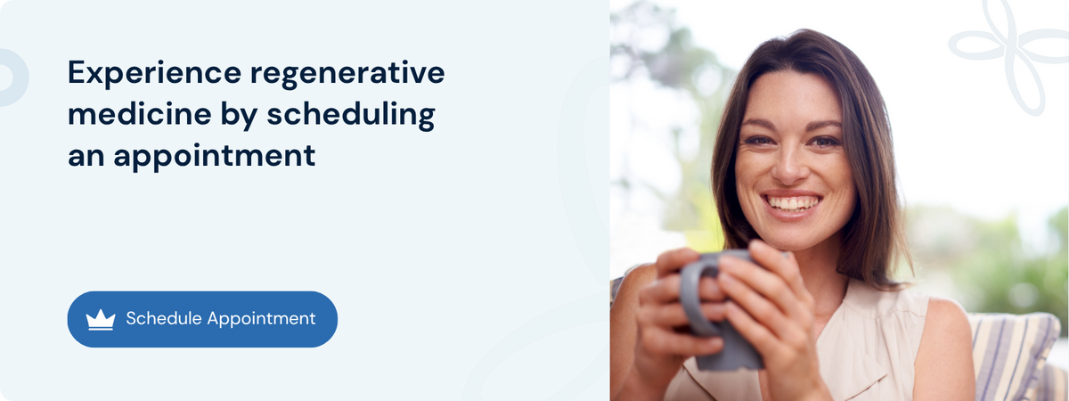 Smiling woman with coffee promoting regenerative medicine appointment for thyroid health