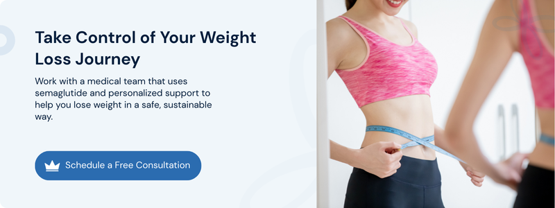 Woman measuring her waist beside a call to schedule a free semaglutide weight loss consultation