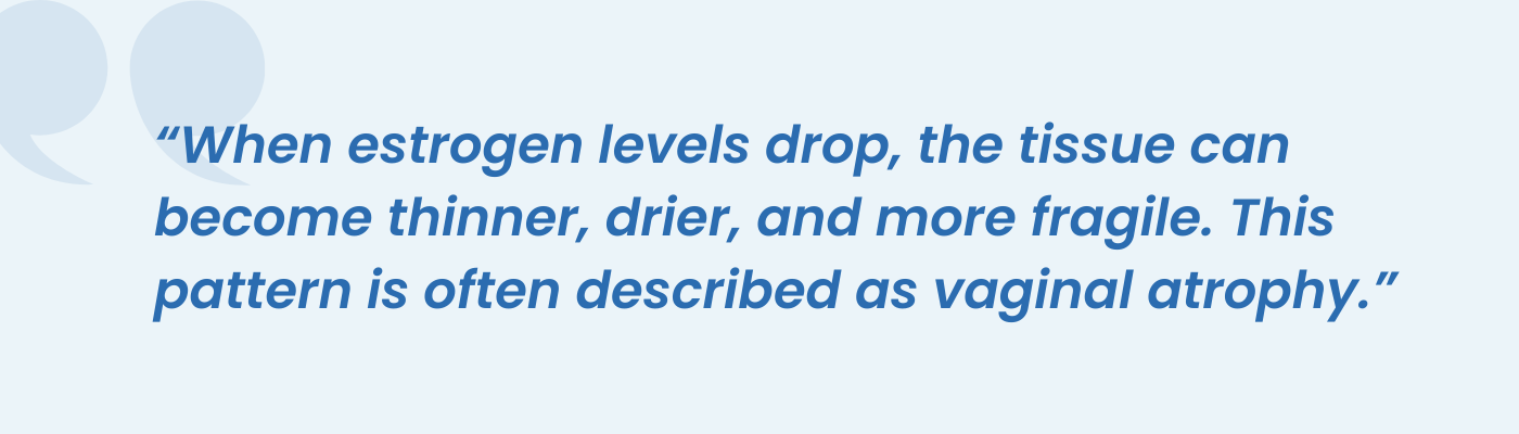 Pull quote describing how falling estrogen levels cause vaginal atrophy and fragile tissue